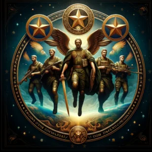 Illustration of 'Powers' angels as celestial warriors, equipped with armor and weapons, symbolizing their role in defending humanity and the cosmos against evil.