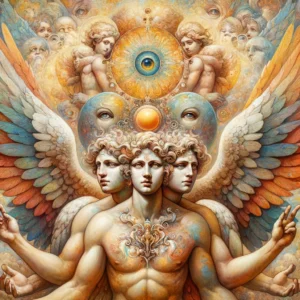 Artistic representation of cherubim with multiple faces and wings, symbolizing their divine wisdom and guardianship.