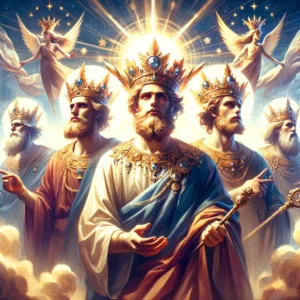 Celestial Principalities depicted with crowns and scepters, symbolizing their divine guidance over groups, nations, and leaders.