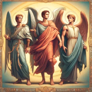 Illustration of Archangels Michael, Gabriel, and Raphael, depicted as divine messengers in a celestial setting."