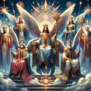 An artistic depiction of Dominions, celestial beings in regal attire holding scepters, symbolizing their leadership and authority among angels.