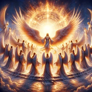Seraphim angels surrounding Divine Presence with six wings each, in celestial worship